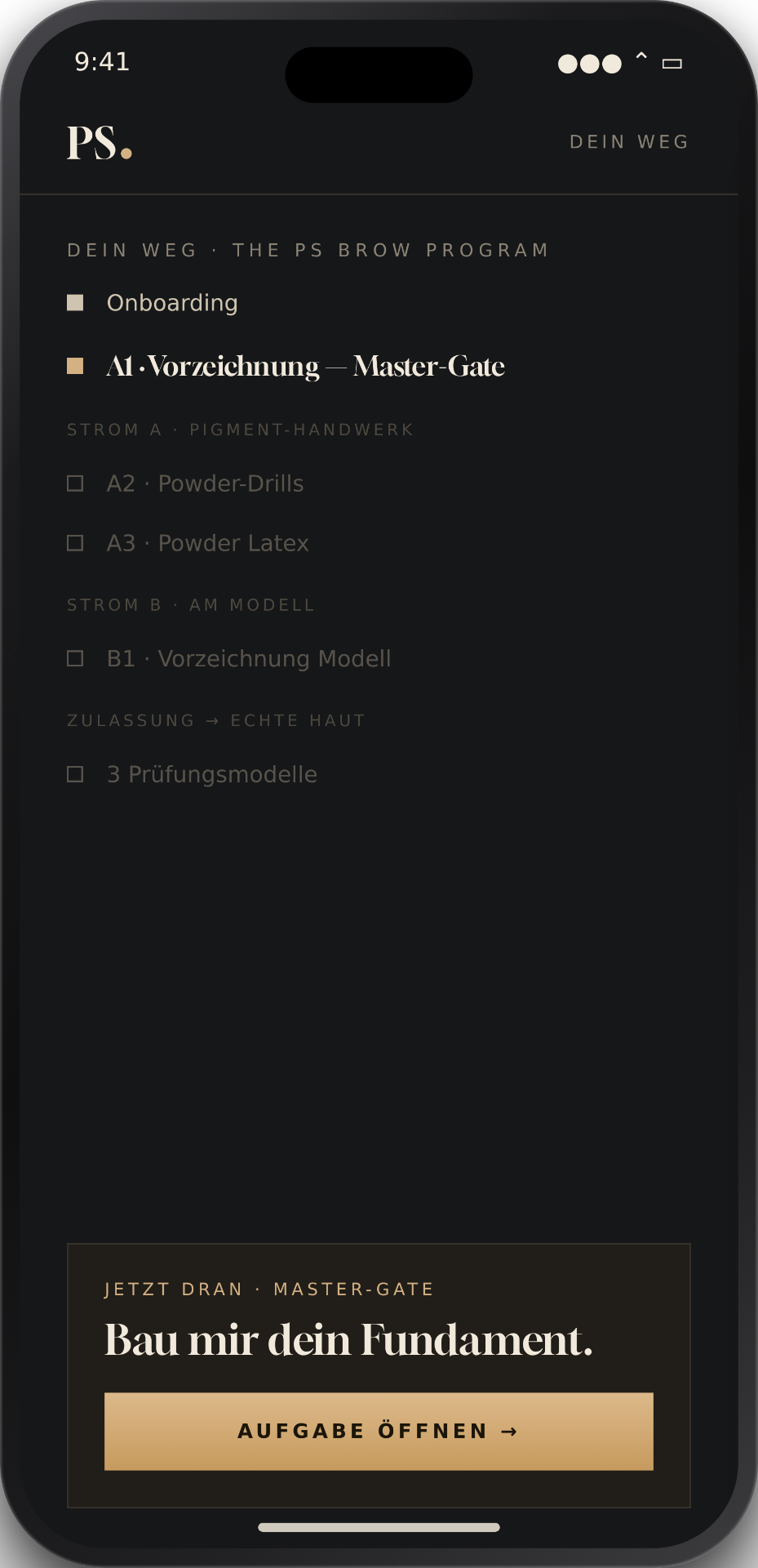 Startbildschirm: heutige Aufgabe und CTA 'Zur Aufgabe'.
